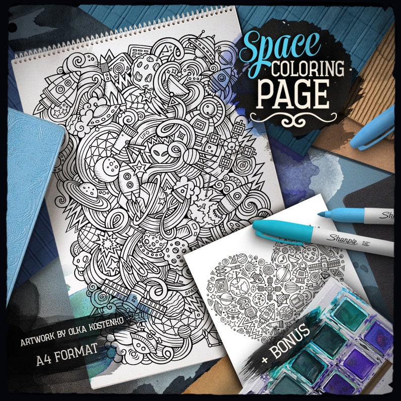 SPACE Digital Coloring Page, Cosmos Doodle Adult Coloring Book, Printable Coloring Sheet, Cosmic Cartoon Illustration, Digital Download, PDF image 1