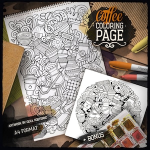 COFFEE Digital Coloring Page, Cafe Doodle Adult Coloring Book, Printable Coloring Sheet, Food & Drink Cartoon Illustration, Digital Download