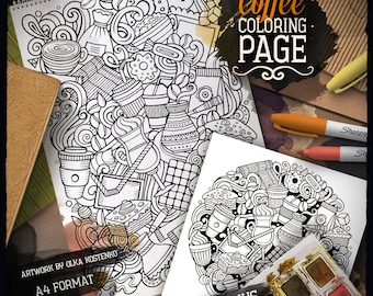 COFFEE Digital Coloring Page, Cafe Doodle Adult Coloring Book, Printable Coloring Sheet, Food & Drink Cartoon Illustration, Digital Download