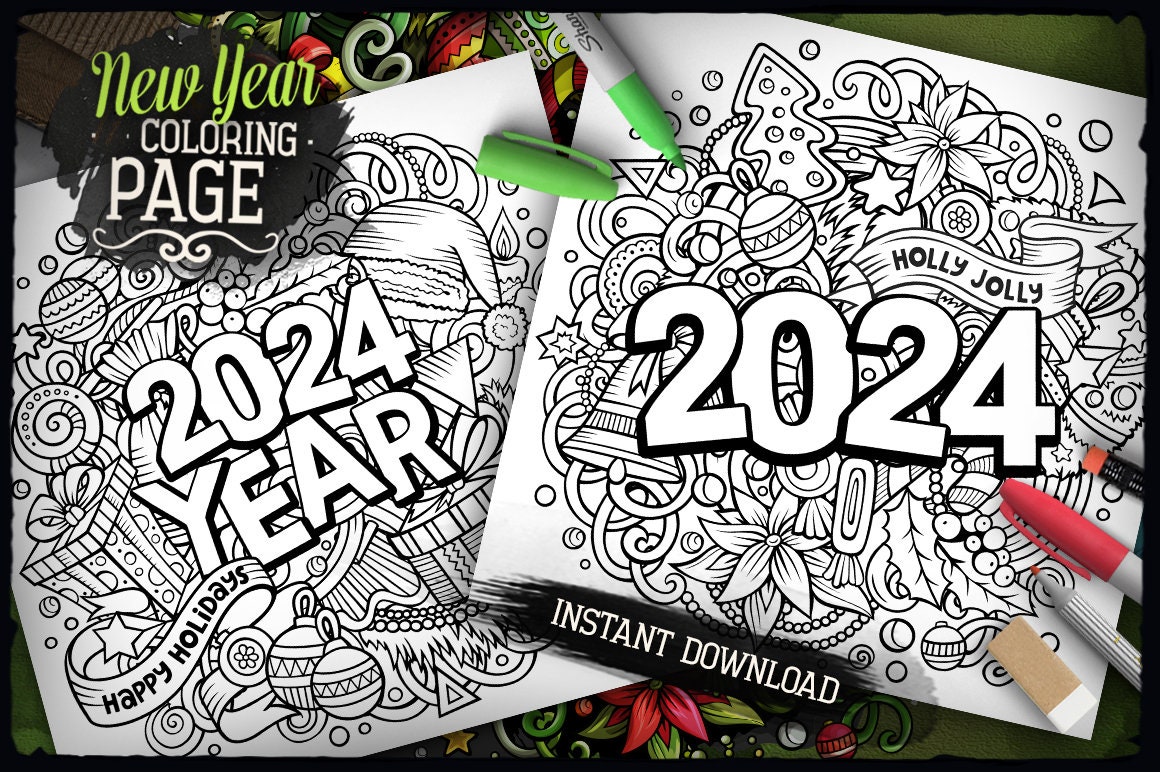 2024 Happy New Year Coloring Pages, Merry Christmas Printable Coloring ...