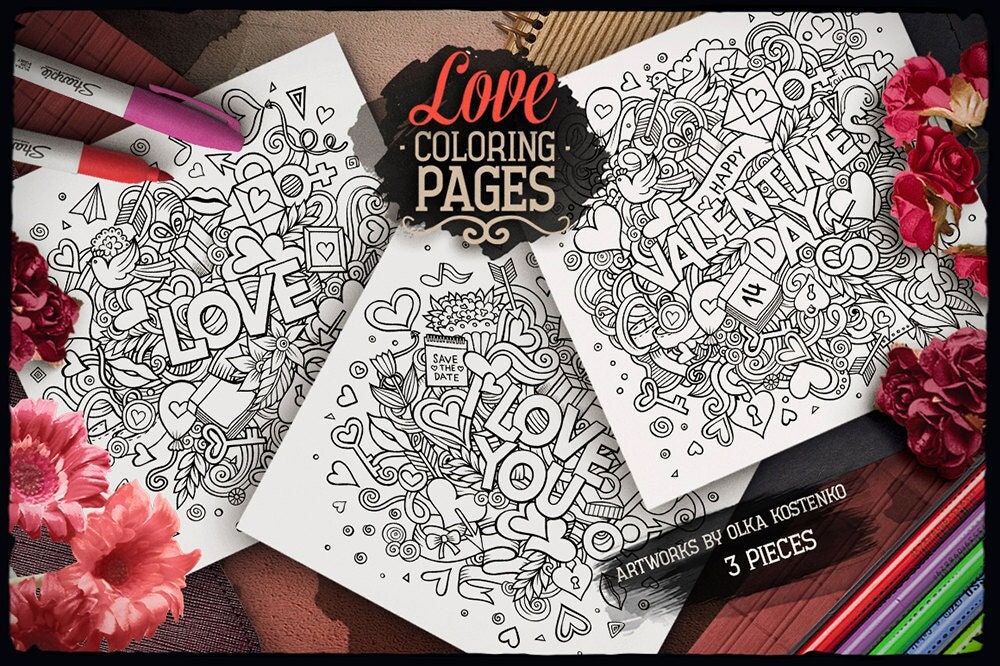 LOVE, I LOVE YOU, Happy Valentines Day, Digital Coloring Page, Adult Coloring, Printable Coloring sheet, Happy Holidays, Digital Download