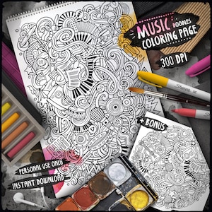 May include: A black and white coloring page featuring a variety of musical instruments, notes, and other music-related doodles. The page is titled "Music Doodles Coloring Page" and includes the text "300 DPI" and "+ Bonus".