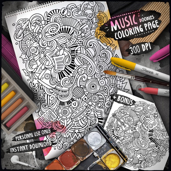 MUSIC Digital Coloring Page, Musical Doodle Adult Coloring Book, Printable Coloring Sheet, Music Cartoon Illustration, Digital Download, PDF