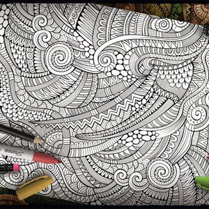May include: A black and white intricate pattern with swirls, lines, and geometric shapes. The pattern is on a white background and is surrounded by pencils and markers.