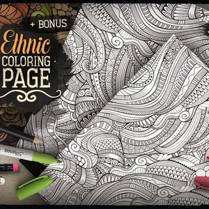 May include: A black and white coloring page with an intricate ethnic design. The page is surrounded by art supplies, including colored pencils, markers, and pens. The text "Ethnic Coloring Page" is written in white on a black background.