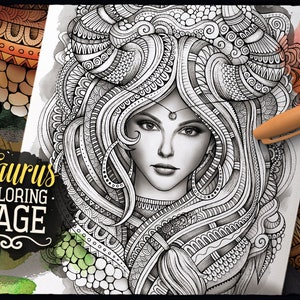 May include: A black and white coloring page featuring a detailed illustration of a woman with intricate hair and a Taurus zodiac sign. The image is surrounded by a textured background with a green, orange, and brown color scheme.