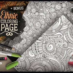 May include: A black and white colouring page with an intricate ethnic design. The design features swirls, lines, and geometric shapes. The page is surrounded by art supplies, including coloured pencils, markers, and pens.