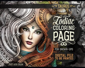 TAURUS Zodiac Adult Coloring Page, Zodiac Sign Coloring Book, Fantasy Girl Face, Ethnic Doodle Woman, Printable Sheet, Digital Download, A4