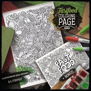 FAST FOOD Digital Coloring Page, Food Doodle Adult Coloring Book, Printable Coloring Sheet, Street Food Cartoon Illustration, Download, PDF