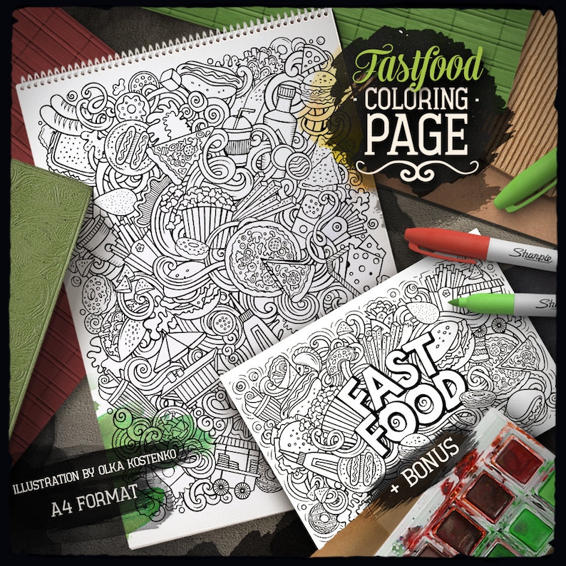 May include: Black and white coloring page featuring a detailed illustration of fast food items, including pizza, burgers, fries, and drinks. The title "Fastfood Coloring Page" is at the top of the page. The text "Illustration by Olka Kostenko" and "A4 Format" are at the bottom of the page.