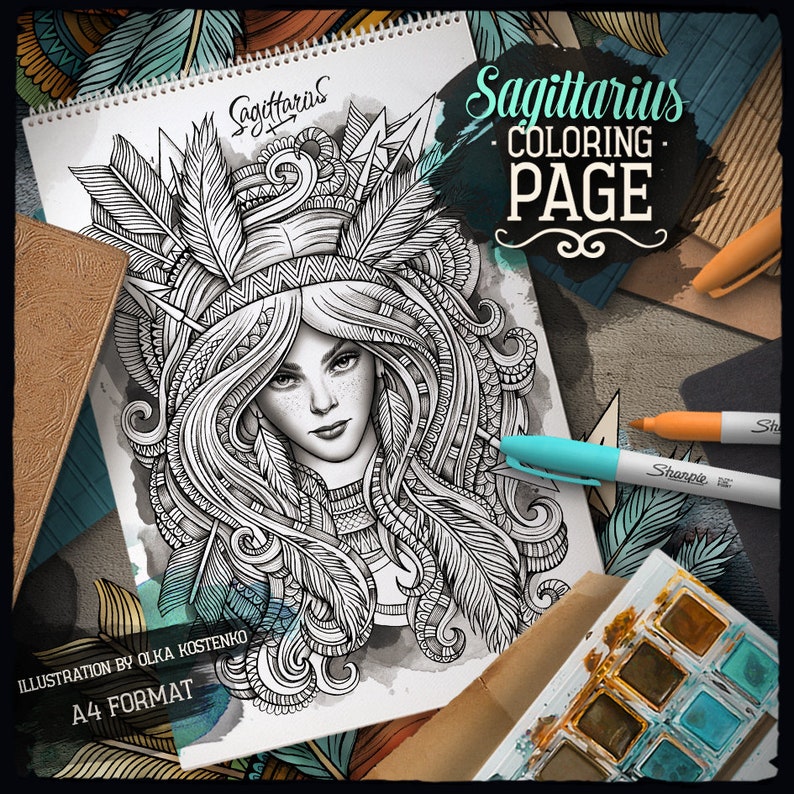 SAGITTARIUS Zodiac Adult Coloring Page Zodiac Sign Coloring | Etsy