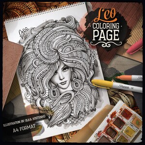 LEO Zodiac Adult Coloring Page, Zodiac Sign Coloring Book, Fantasy Girl Face, Ethnic Doodle Woman, Printable Sheet, Digital Download, A4 image 2