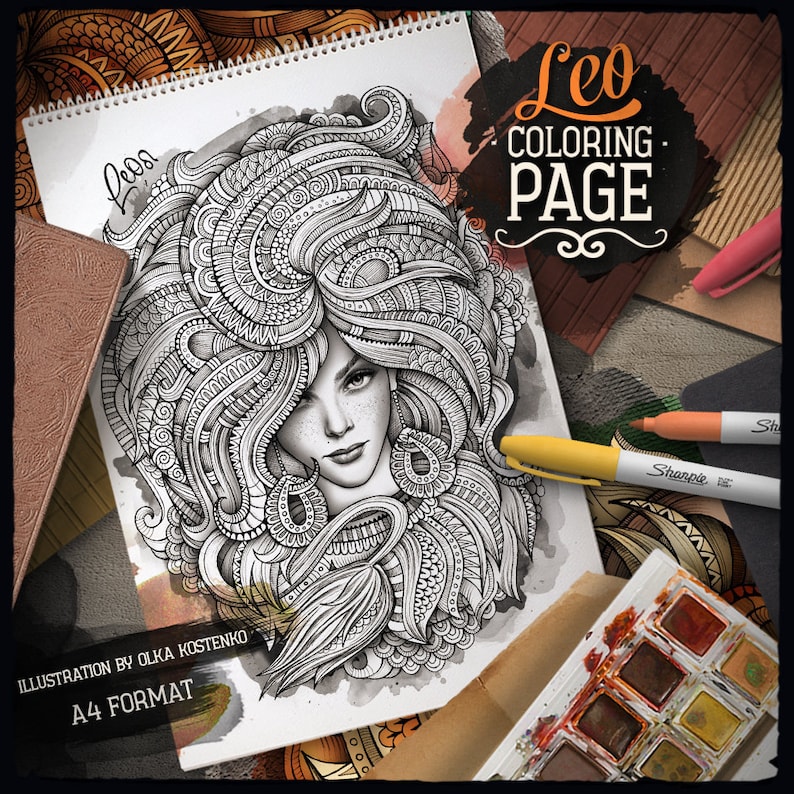 LEO Zodiac Adult Coloring Page, Zodiac Sign Coloring Book, Fantasy Girl Face, Ethnic Doodle Woman, Printable Sheet, Digital Download, A4 image 2