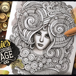May include: A black and white colouring page featuring a detailed illustration of a woman with intricate hair and the text "Aries Colouring Page".