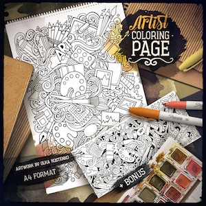 ARTIST Digital Coloring Page, Art Doodle Adult Coloring Book, Printable Coloring Sheet, Artistic Cartoon Illustration, Digital Download