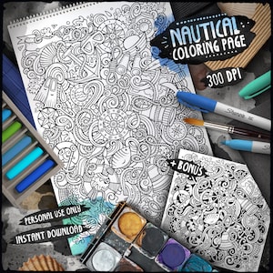 NAUTICAL Digital Coloring Page, Marine Doodle Adult Coloring Book, Printable Coloring Sheet, Nautical Cartoon Illustration, Digital Download