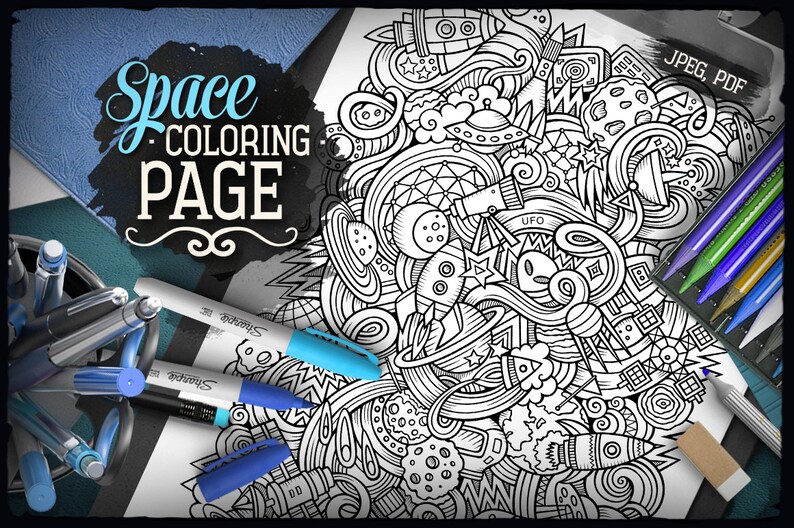 SPACE Digital Coloring Page, Cosmos Doodle Adult Coloring Book, Printable Coloring Sheet, Cosmic Cartoon Illustration, Digital Download, PDF image 2