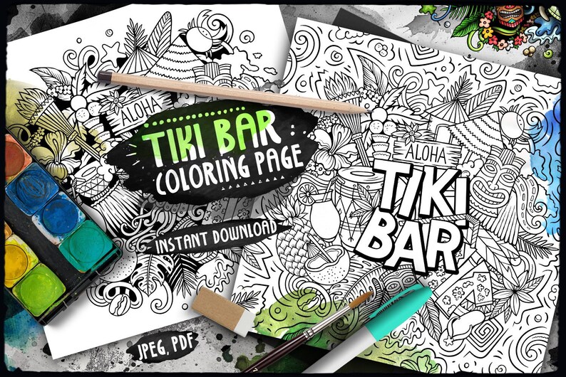 TIKI BAR Hawaii Digital Coloring Page/ Hawaiian Doodle - Etsy