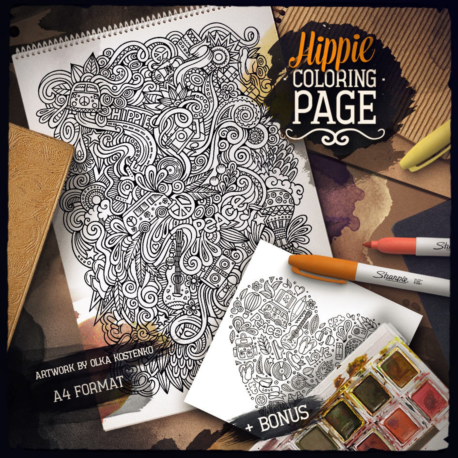 HIPPIE Digital Coloring Page Hippy Doodle Adult Coloring - Etsy