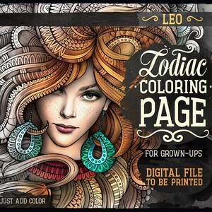 LEO Zodiac Adult Coloring Page, Zodiac Sign Coloring Book, Fantasy Girl Face, Ethnic Doodle Woman, Printable Sheet, Digital Download, A4