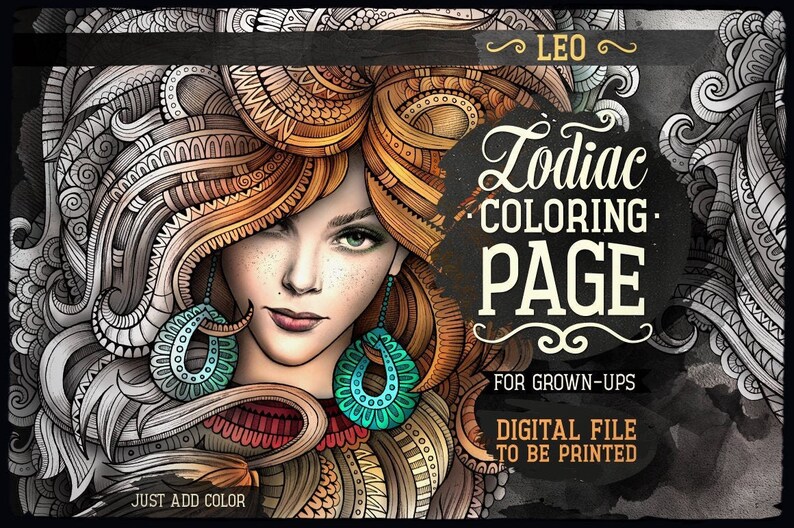 LEO Zodiac Adult Coloring Page, Zodiac Sign Coloring Book, Fantasy Girl Face, Ethnic Doodle Woman, Printable Sheet, Digital Download, A4 image 1