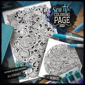 SEA LIFE Digital Coloring Page, Underwater Doodle Adult Coloring Book, Printable Coloring Sheet, Fish Cartoon Illustration, Digital Download