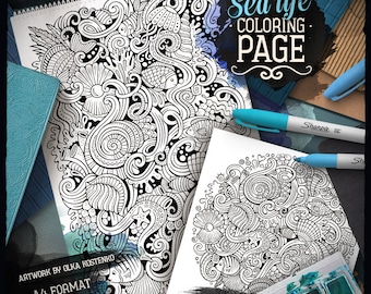 SEA LIFE Digital Coloring Page, Underwater Doodle Adult Coloring Book, Printable Coloring Sheet, Fish Cartoon Illustration, Digital Download