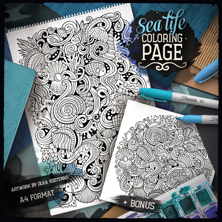 SEA LIFE Digital Coloring Page, Underwater Doodle Adult Coloring Book ...
