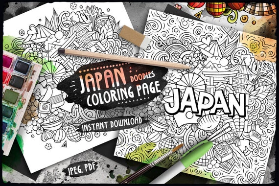 JAPAN Digital Coloring Page/ Japanese Adult Coloring/ Around the World Doodles/ Country Doodle Illustration/ Printable Coloring Sheet