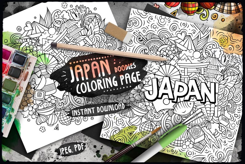 May include: A black and white coloring page featuring Japanese doodles. The page includes images of a pagoda, a fan, a fish, and other Japanese symbols. The text "JAPAN DOODLES COLORING PAGE" is written in a black banner at the top of the page. The text "INSTANT DOWNLOAD" is written in a black banner at the bottom of the page. The text "JPEG, PDF" is written in a black banner at the bottom of the page.