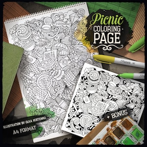PICNIC Digital Coloring Page, BBQ Doodle Adult Coloring Book, Printable Coloring Sheet, Picnic Cartoon Illustration, Digital Download, PDF