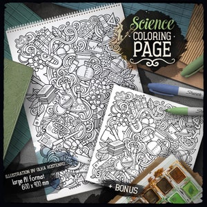 May include: A detailed science-themed coloring page featuring lab equipment, molecules, and books. The image includes the text "Science COLORING PAGE" and "+ BONUS". Two Sharpie markers and a watercolor palette are also visible. The page measures 60 x 90 cm.