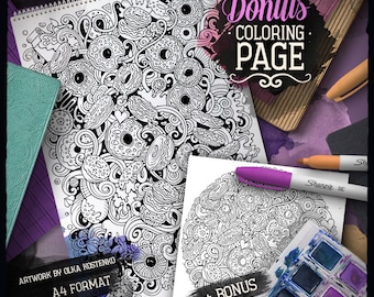 DONUTS Digital Coloring Page, Donut Doodle Adult Coloring Book, Printable Coloring Sheet, Bakery Cartoon Illustration, Digital Download, PDF