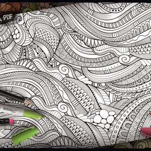 May include: A black and white intricate pattern with a variety of shapes and lines. The pattern is on a white background and is surrounded by a white border. The image is a digital download of a coloring page.