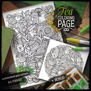 TEA Digital Coloring Page, Tea Time Doodle Adult Coloring Book, Printable Coloring Sheet, Drinks Cartoon Illustration, Digital Download, PDF