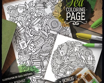 TEA Digital Coloring Page, Tea Time Doodle Adult Coloring Book, Printable Coloring Sheet, Drinks Cartoon Illustration, Digital Download, PDF