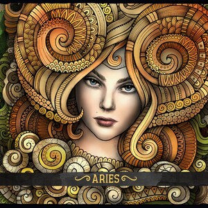 May include: A colourful illustration of the zodiac sign Aries, featuring a woman with blonde hair and intricate swirls and patterns in shades of gold, brown, and green.