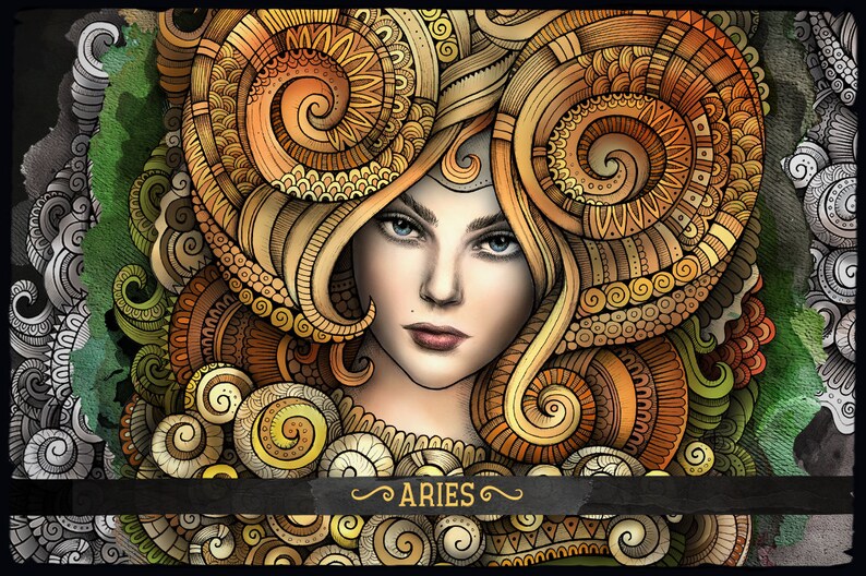 May include: A colourful illustration of the zodiac sign Aries, featuring a woman with blonde hair and intricate swirls and patterns in shades of gold, brown, and green.