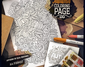AUTUMN Digital Coloring Page, Fall Adult Coloring, Autumn Printable Coloring, Hello Autumn Doodles Art, Season Doodling, Digital Download