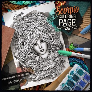May include: A black and white coloring page featuring a detailed illustration of a woman with intricate hair and a Scorpio zodiac sign. The page is titled "Scorpio Coloring Page" and includes the text "Illustration by Olka Kostenko" and "A4 Format".