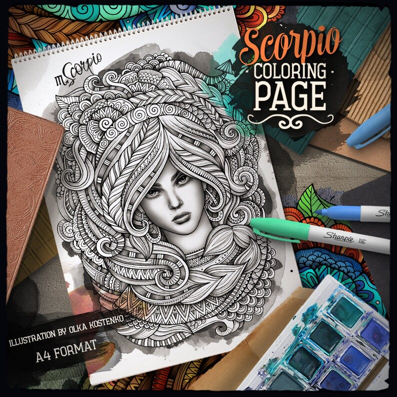 May include: A black and white coloring page featuring a detailed illustration of a woman with intricate hair and a Scorpio zodiac sign. The page is titled "Scorpio Coloring Page" and includes the text "Illustration by Olka Kostenko" and "A4 Format".