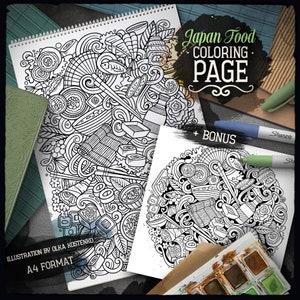 JAPAN FOOD Digital Coloring Page, Japanese Cuisine Doodle Adult Coloring Book, Printable Coloring Sheet, Cartoon Illustration, Download