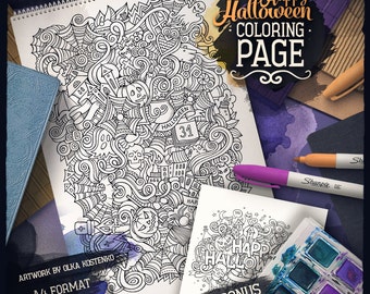 HAPPY HALLOWEEN Digital Coloring Page, Adult Coloring, Halloween Printable, Holiday Doodles Art, Trick or Treat Doodles, Digital Download