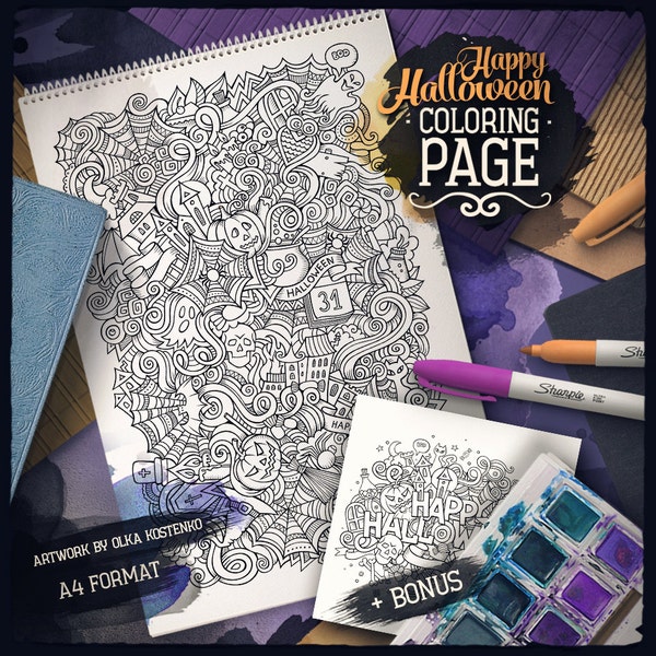 HAPPY HALLOWEEN Digital Coloring Page, Adult Coloring, Halloween Printable, Holiday Doodles Art, Trick or Treat Doodles, Digital Download