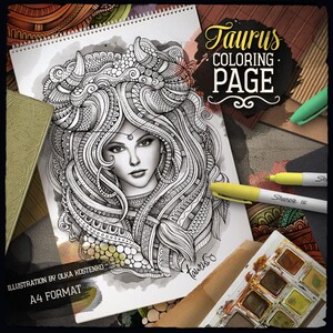 May include: A black and white line art coloring page of a woman with a bull's head and horns. The woman's hair is styled in a complex pattern. The text "Taurus Coloring Page" is written in a decorative font at the top of the page.