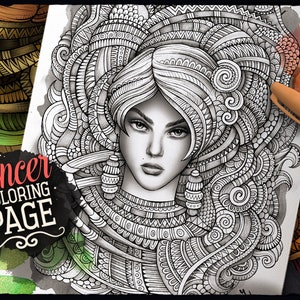 May include: A black and white coloring page featuring a detailed illustration of a woman's face with intricate patterns and swirls in her hair. The text "Cancer Coloring Page" is written in red and white on a black background.