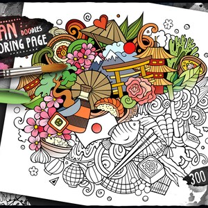 May include: A black and white line art coloring page featuring Japanese cultural elements. The page includes a pagoda, cherry blossoms, a fish, chopsticks, and other traditional Japanese symbols. The title "Japan Doodles Coloring Page" is at the top of the page.
