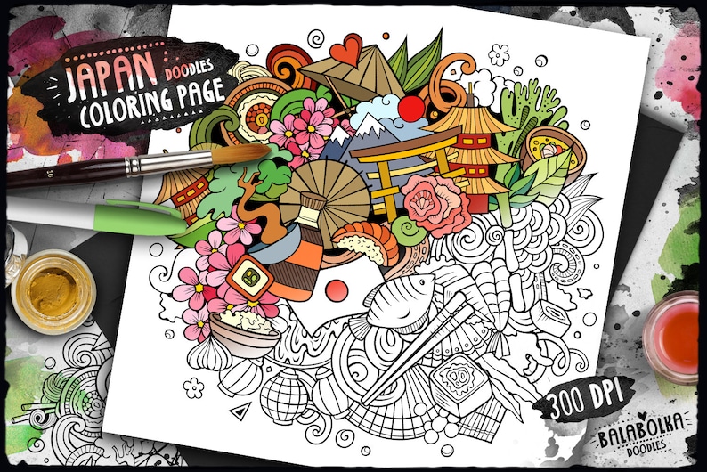 May include: A black and white line art coloring page featuring Japanese cultural elements. The page includes a pagoda, cherry blossoms, a fish, chopsticks, and other traditional Japanese symbols. The title "Japan Doodles Coloring Page" is at the top of the page.