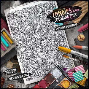 CANDIES Digital Coloring Page, Sweets Doodle Adult Coloring Book, Confectionery Cartoon Illustration, Printable Coloring Sheet, Download PDF
