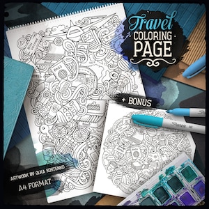 TRAVEL Digital Coloring Page, Traveling Doodle Adult Coloring Book, Printable Coloring Sheet, Travel Cartoon Illustration, Digital Download